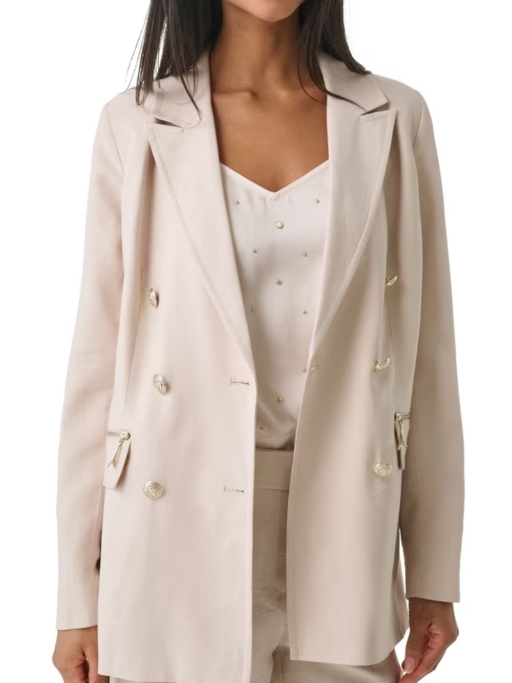 Karl Lagerfeld Double-Breasted Paris Blazer in Light Nude with Gold Buttons